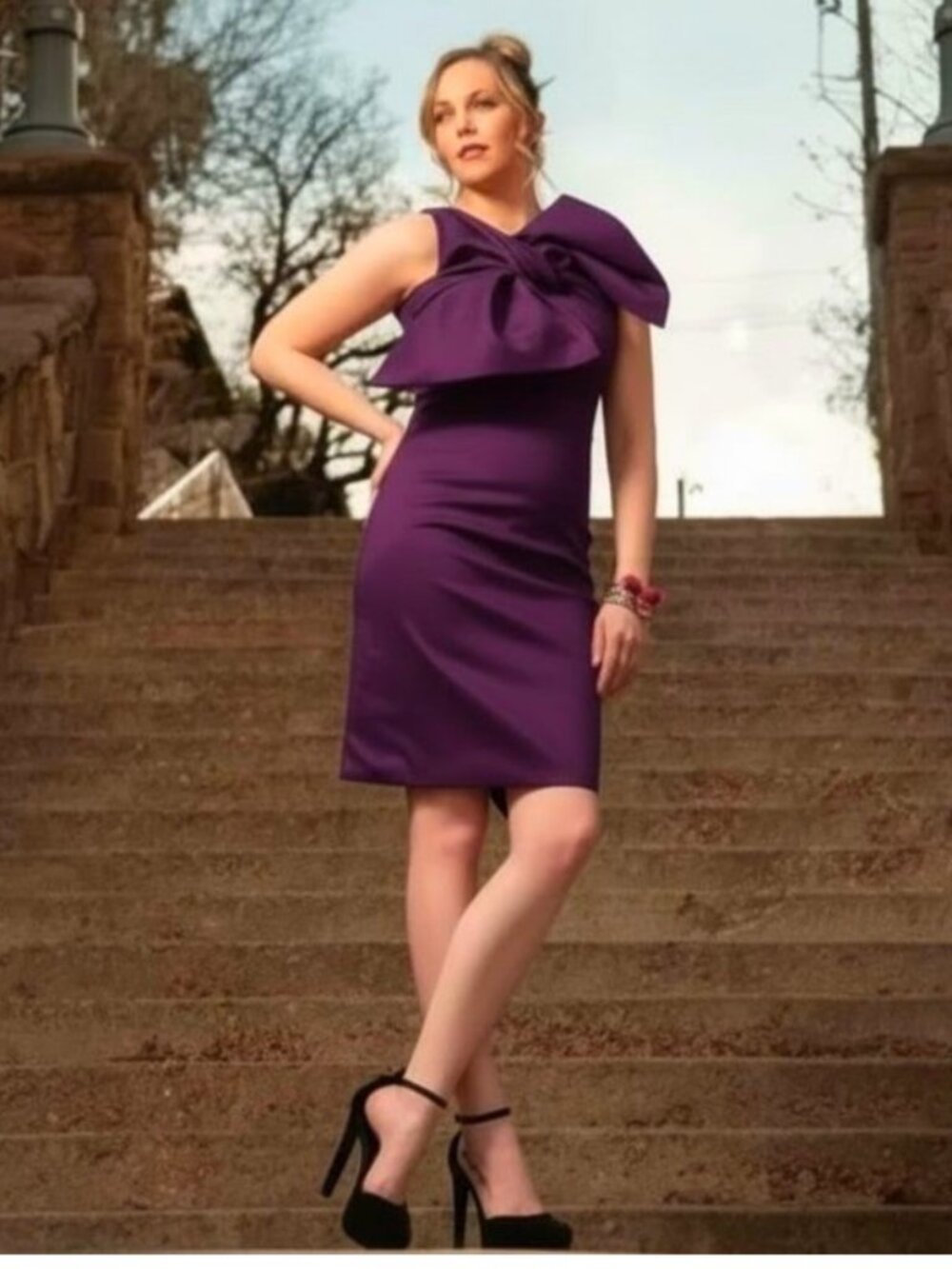 NWT Samuel Dong Dupioni Tie Bow Dress F23002 Violet Purple Medium